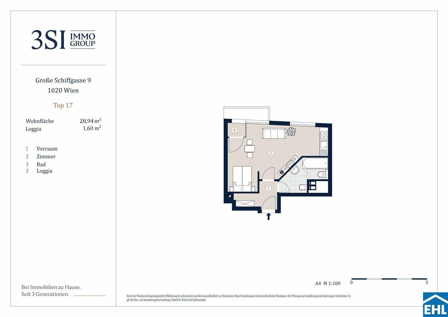 Grundriss einer kompakten Wohnung mit offenem Wohnbereich, separatem Bad und einer Loggia.