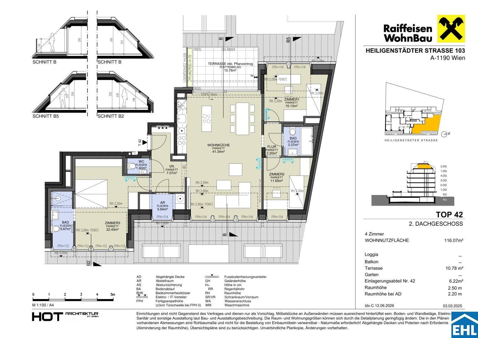 Grundriss einer Dachgeschosswohnung mit offener Wohnküche, drei Schlafzimmern, zwei Bädern und einer Terrasse.
