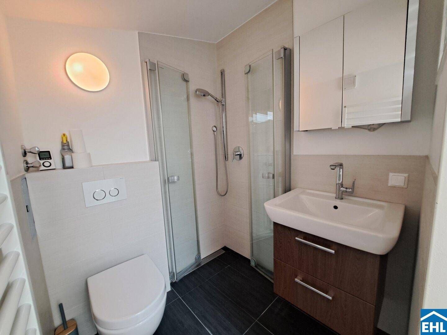 Modernes Badezimmer mit Dusche, wandhängendem WC und Waschbecken mit Unterschrank.