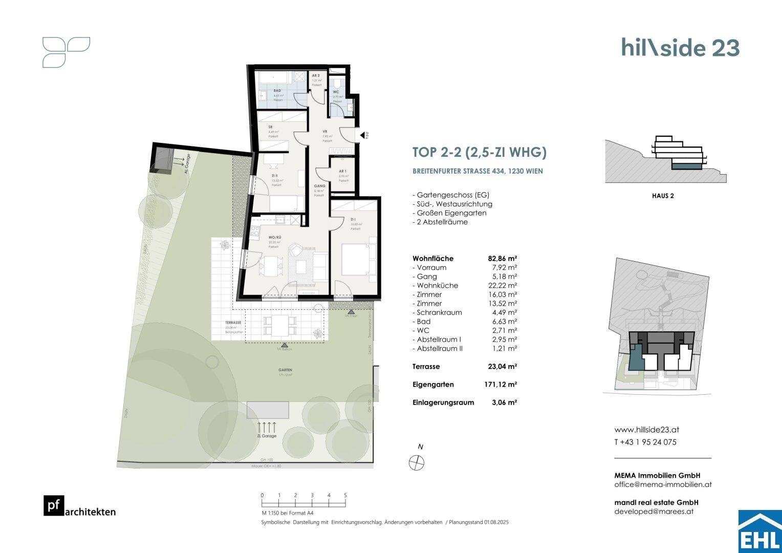 Grundriss einer Wohnung mit Garten, Terrasse und offenem Wohnbereich, inklusive Flächenangaben.