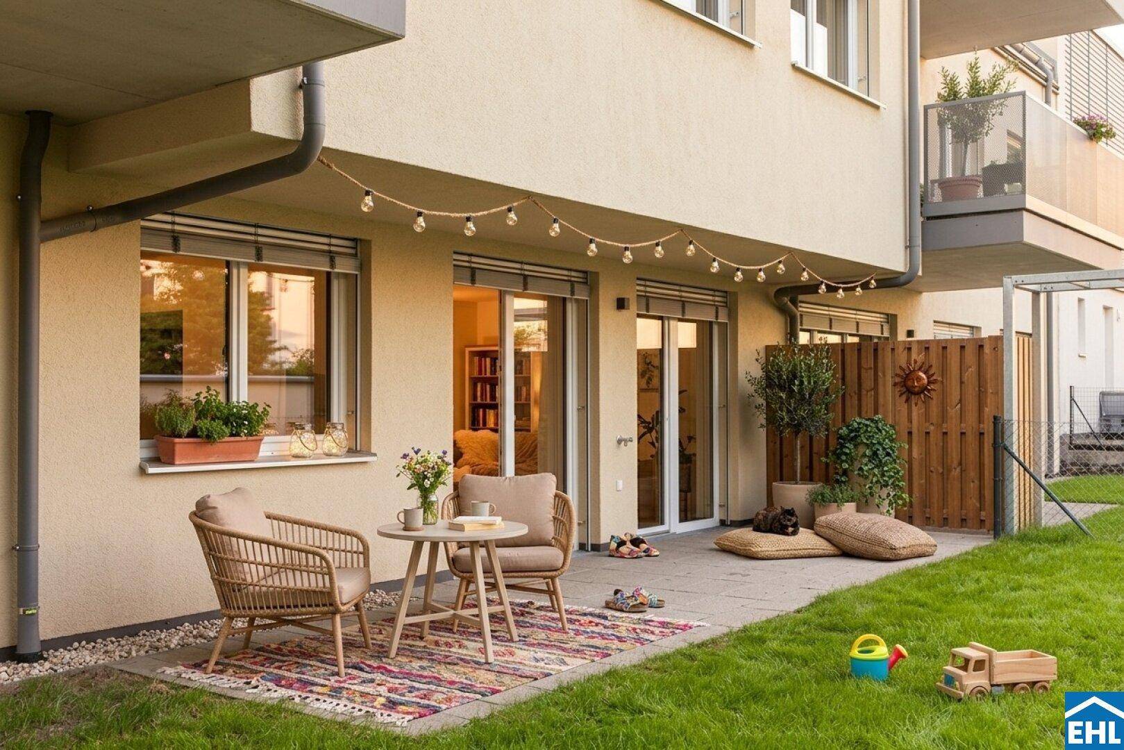 Gemütliche Terrasse im Erdgeschoss mit Sitzgelegenheiten, Lichterkette und Zugang zum Garten.