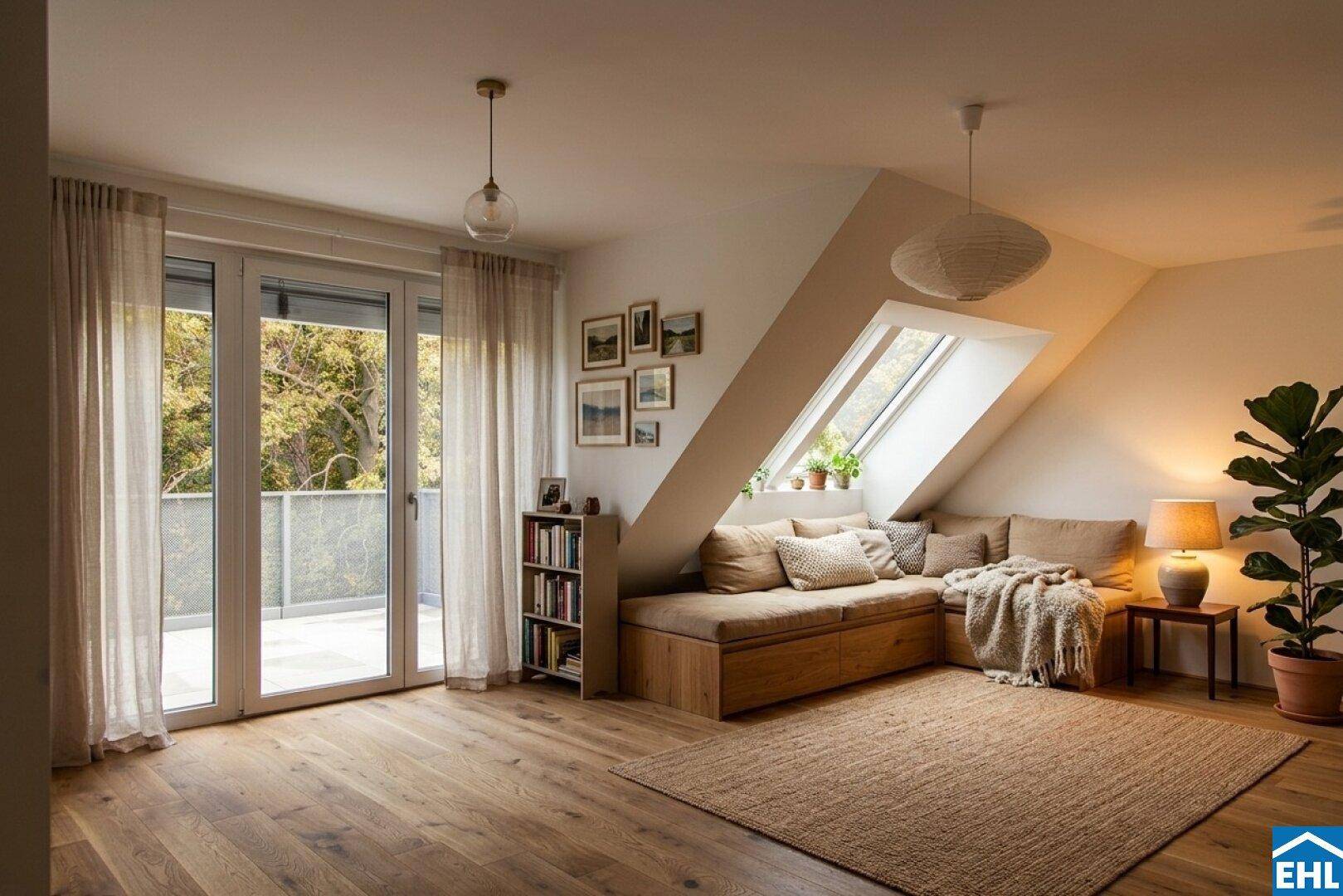 Gemütliches Wohnzimmer im Dachgeschoss mit Holzboden, Leseecke und Balkonzugang.