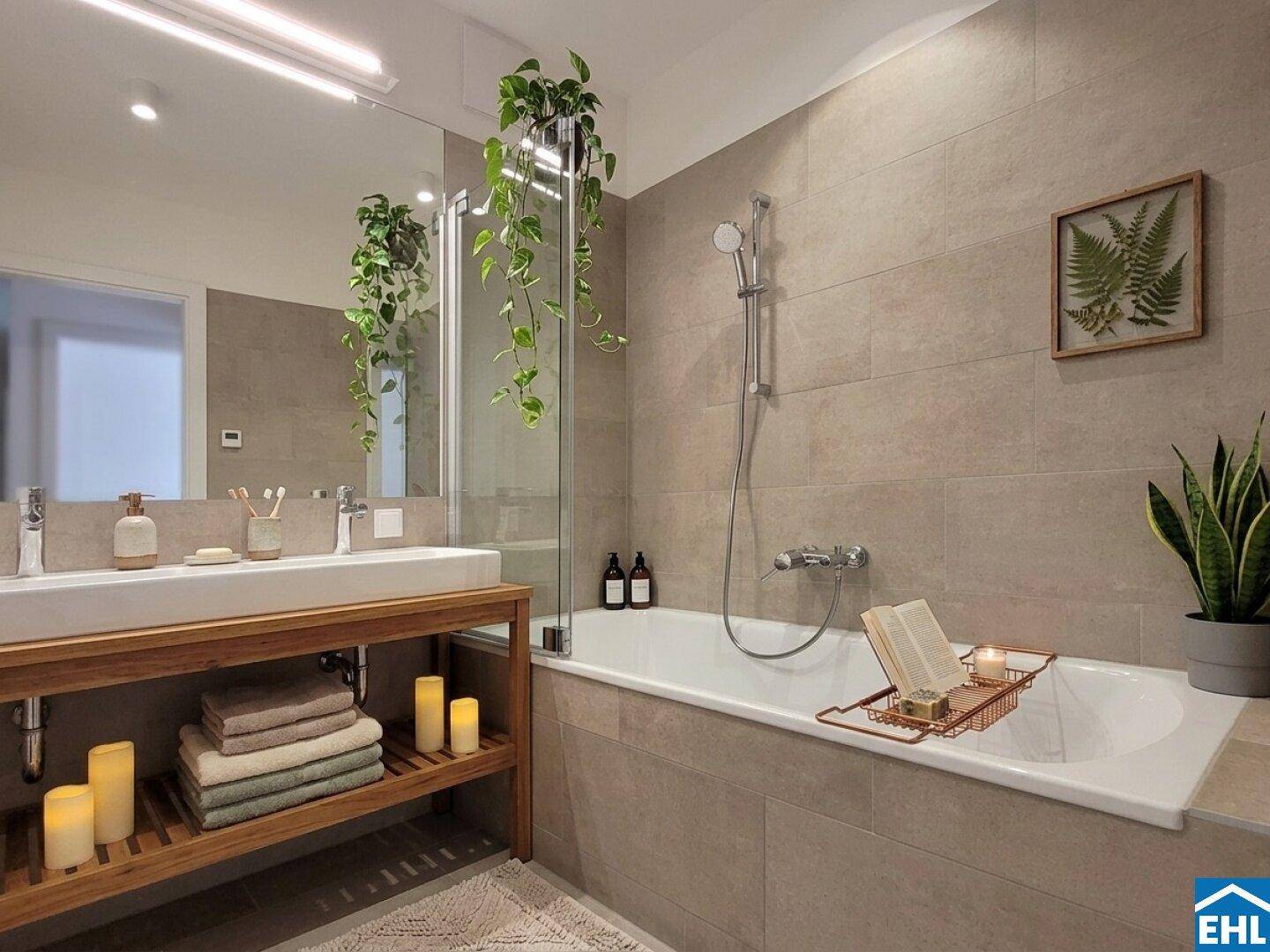 Stilvolles Badezimmer mit Badewanne, Doppelwaschbecken und Pflanzen für eine entspannte Atmosphäre.