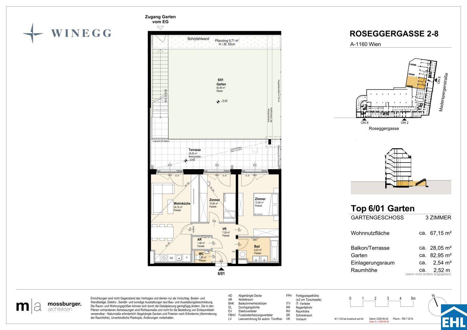 Grundriss einer 3-Zimmer-Wohnung im Gartengeschoss mit großem Privatgarten und Terrasse.