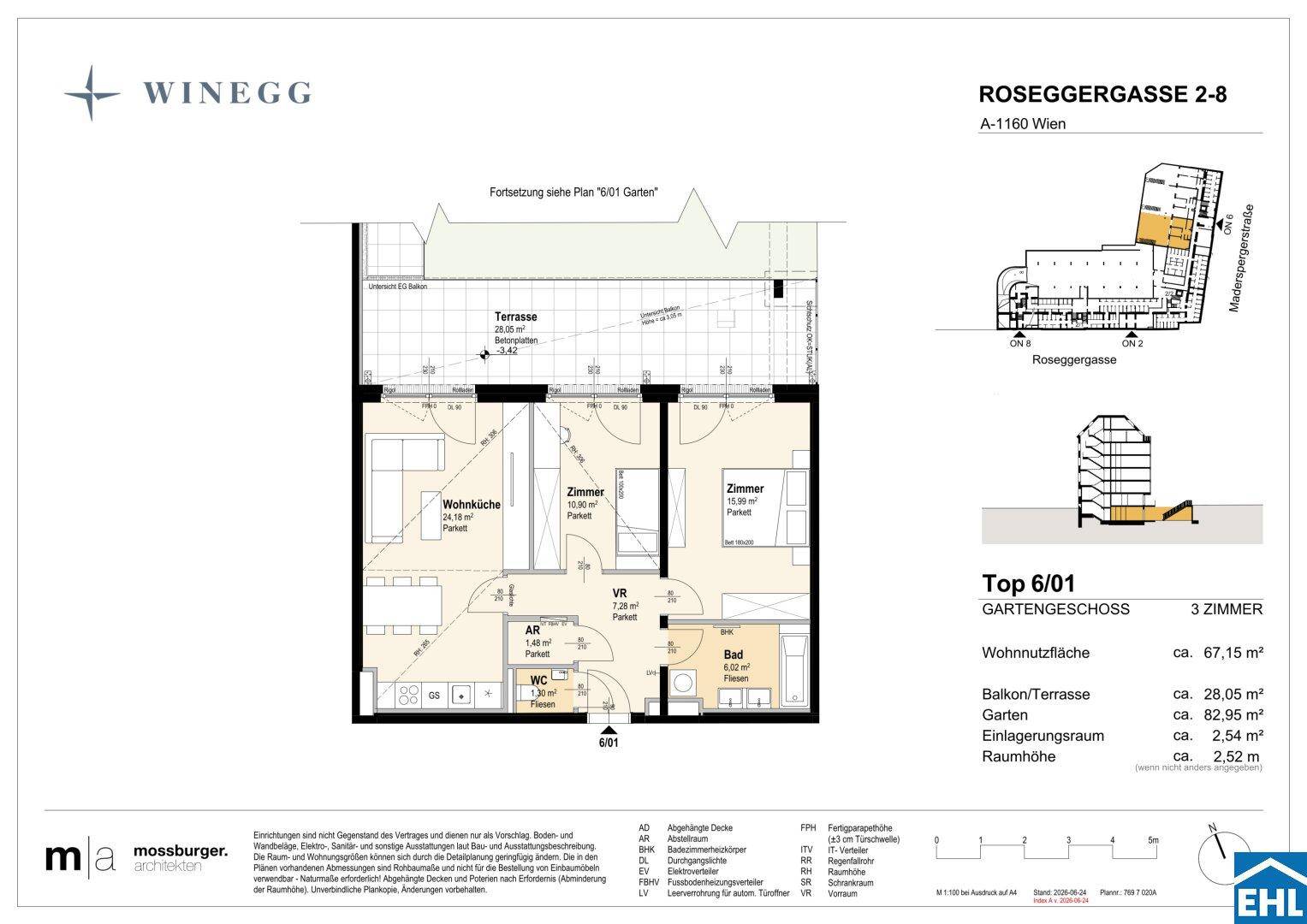 Grundriss einer 3-Zimmer-Wohnung im Gartengeschoss mit Wohnküche, zwei Schlafzimmern, Bad, separatem WC und Terrasse.