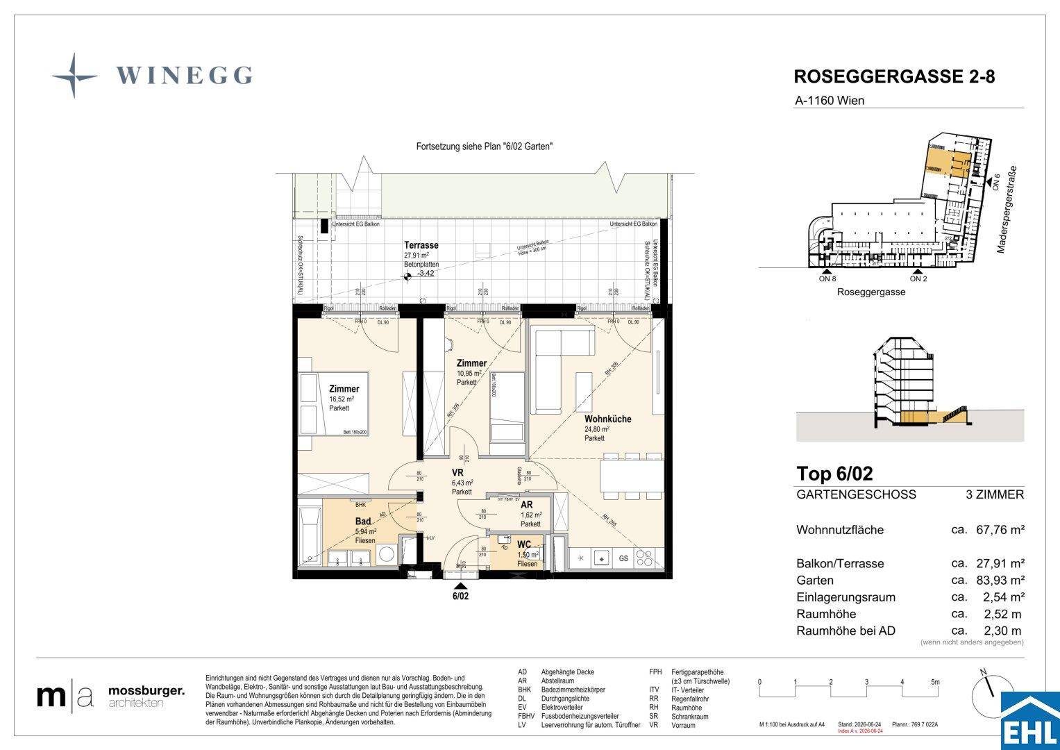 Grundriss einer 3-Zimmer-Wohnung im Gartengeschoss mit Terrasse und Gartenanteil.