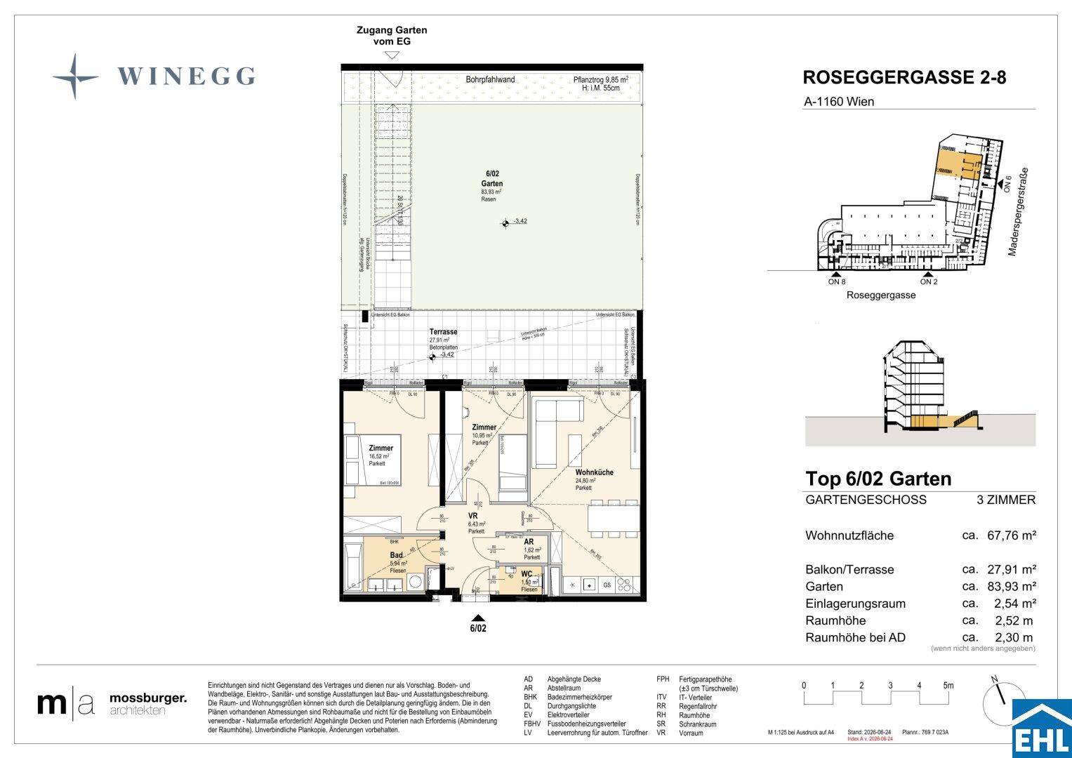 Grundriss einer 3-Zimmer-Wohnung im Gartengeschoss mit großem Garten und Terrasse.