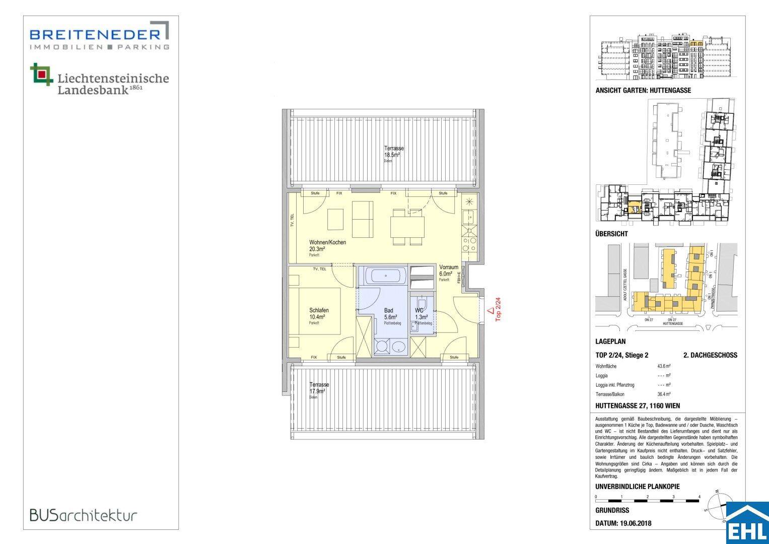 Detaillierter Grundriss einer Wohnung mit zwei Terrassen und offenem Wohn-/Kochbereich.
