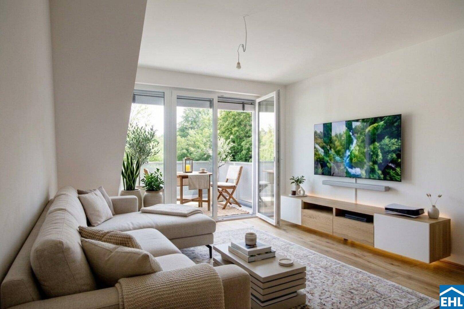 Gemütliches Wohnzimmer mit modernem Sofa, Fernseher und direktem Zugang zum möblierten Balkon.