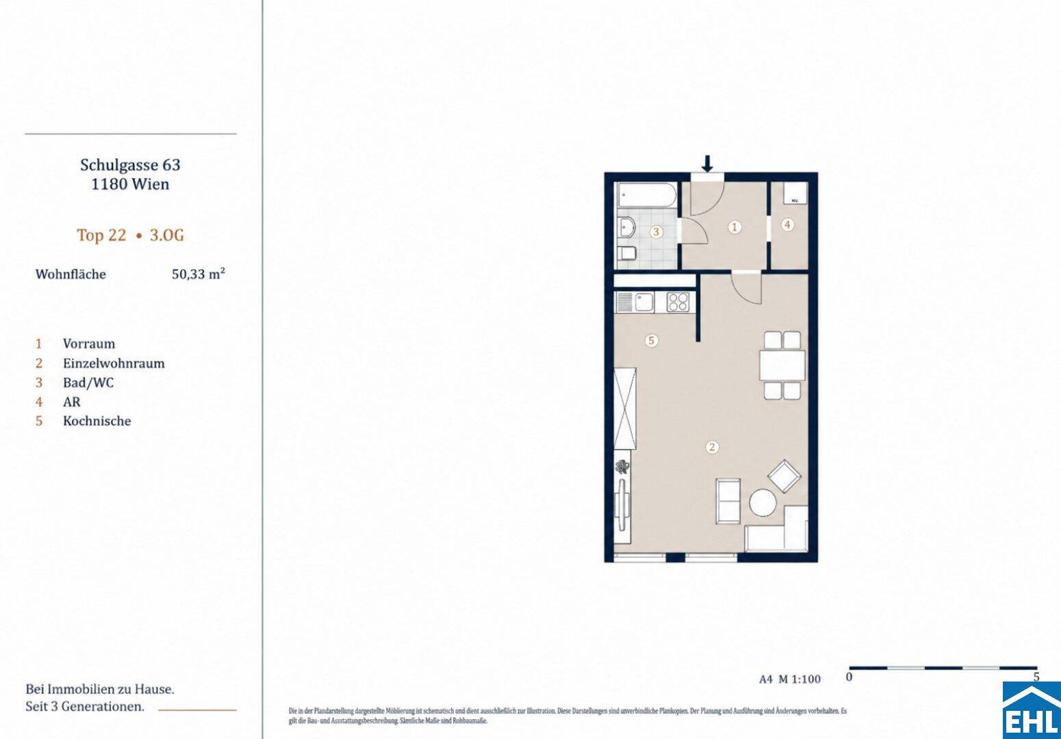 Grundriss der Wohnung Top 22 mit 50,33 m² Wohnfläche und offener Kochnische.