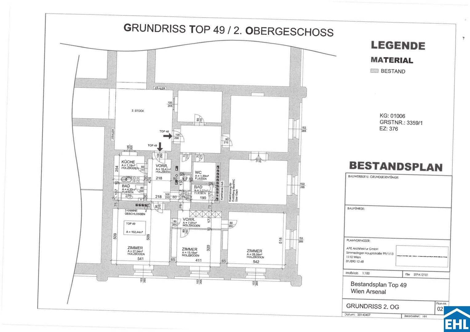 Grundriss der Wohnung Top 49 im 2. Obergeschoss mit Küche, Bad und mehreren Zimmern.