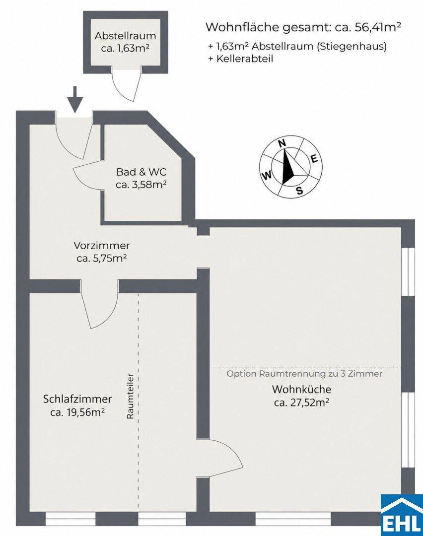 Grundriss einer Wohnung mit Schlafzimmer, Wohnküche, Bad und Abstellraum.