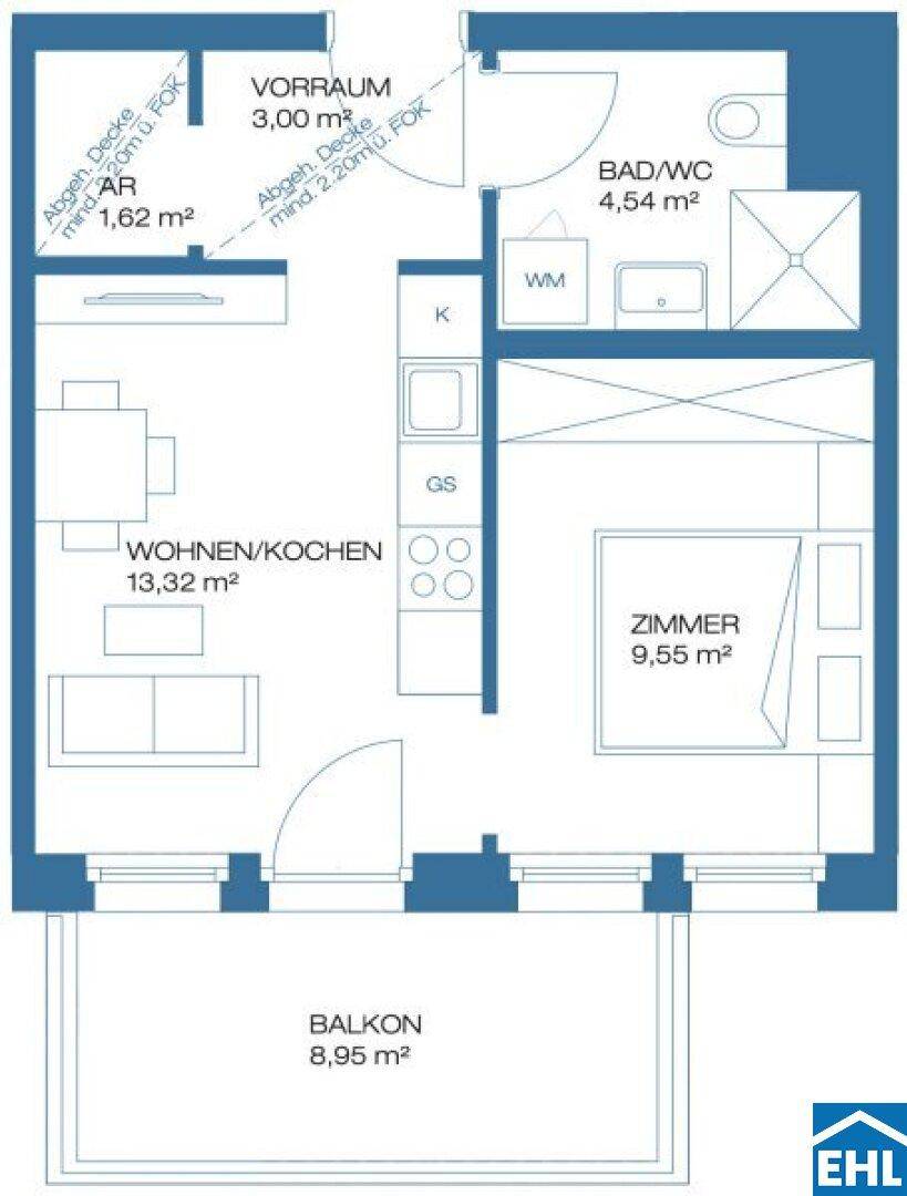 Grundriss der Wohnung mit offenem Wohn-/Kochbereich, Schlafzimmer, Bad und Balkon.
