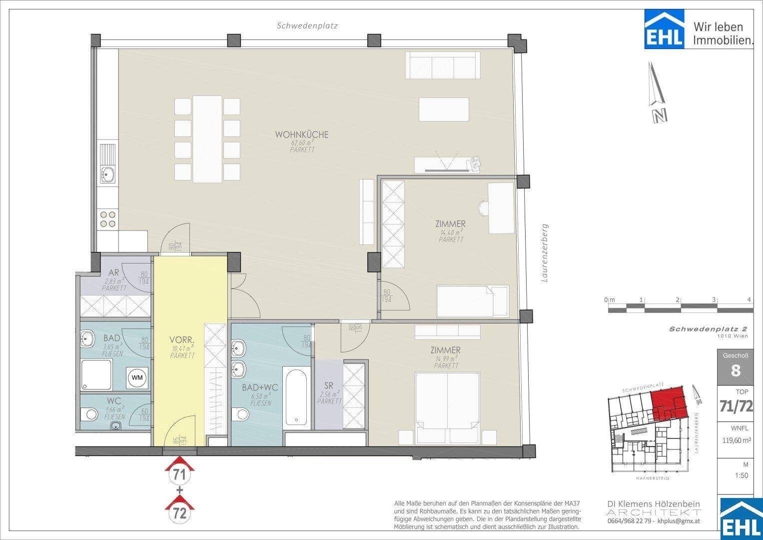 Dieser Grundriss zeigt eine Wohnung mit offener Wohnküche, zwei Schlafzimmern, zwei Bädern und einem separaten WC.