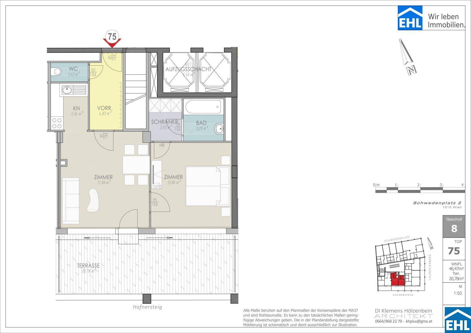 Grundriss einer Wohnung mit zwei Zimmern, einem Bad, separatem WC, einer Kochnische und einer großzügigen Terrasse.