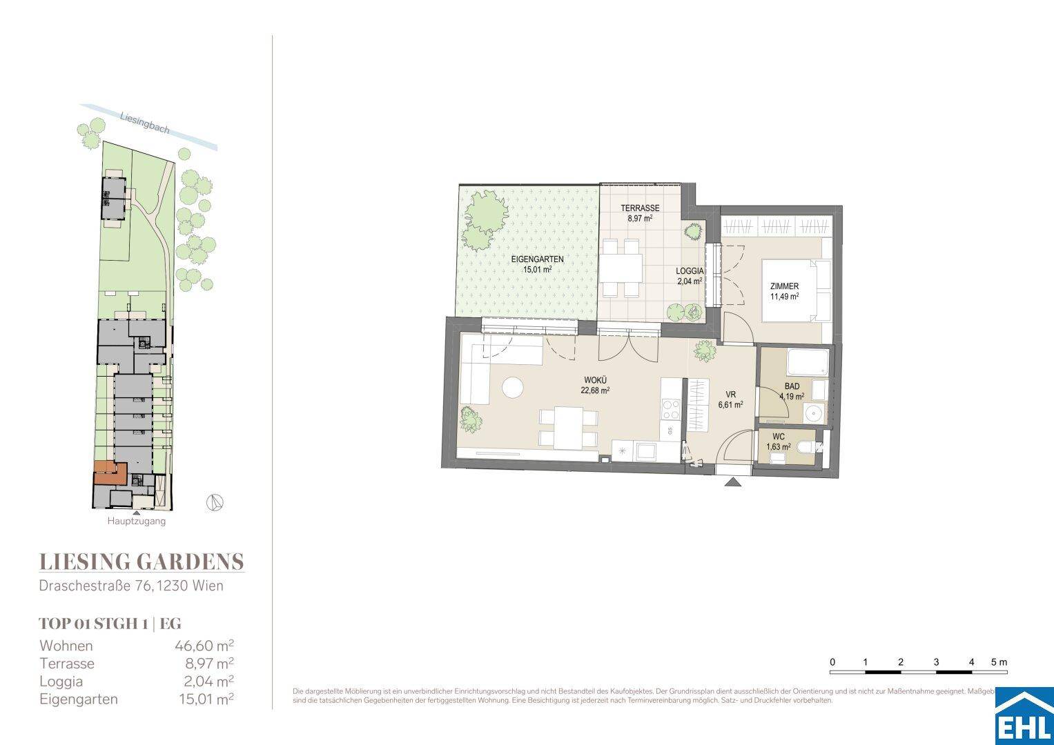 Grundriss einer Erdgeschosswohnung mit offenem Wohnbereich, Terrasse, Loggia und eigenem Garten.