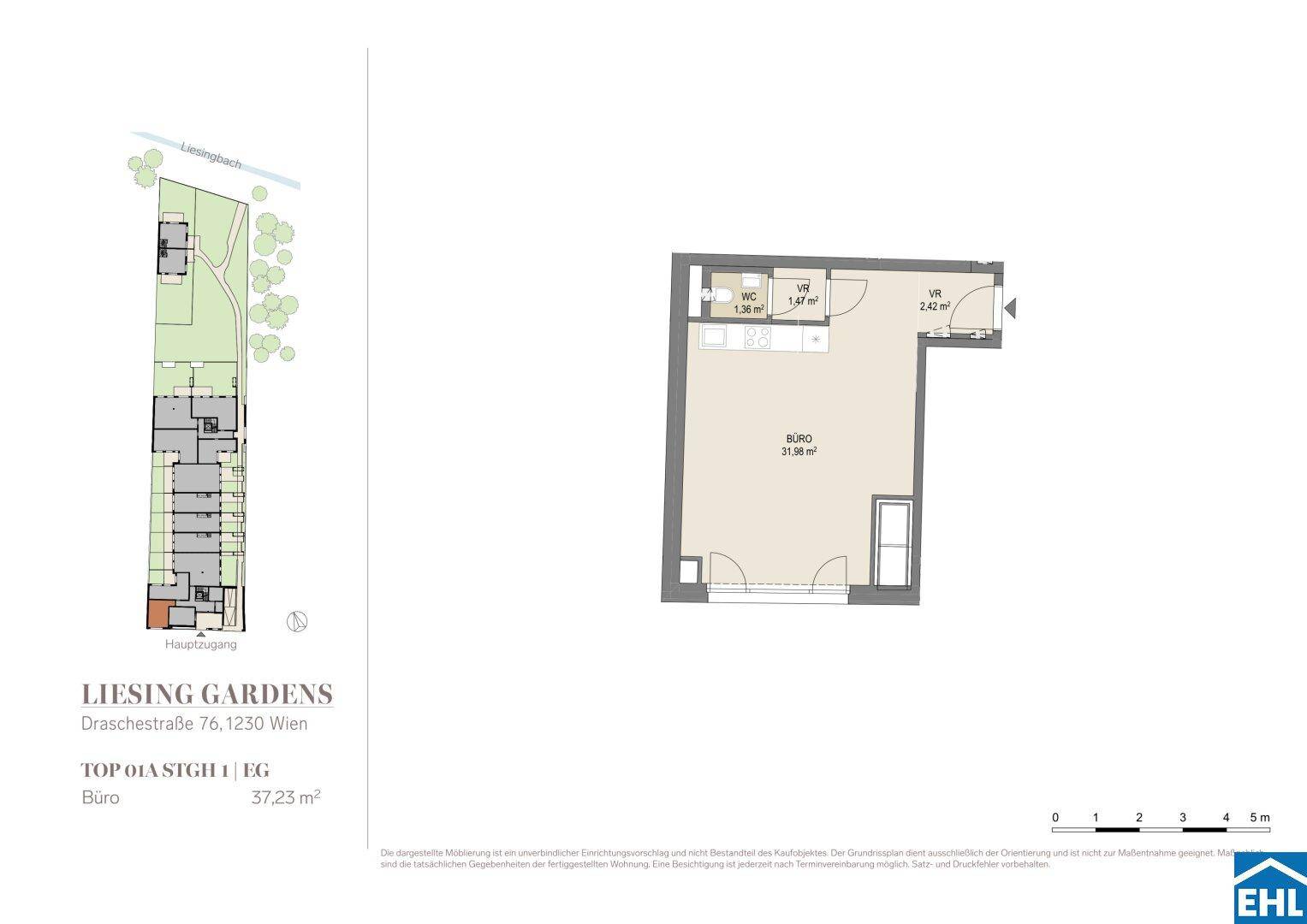 Grundriss eines Büros mit WC und Vorräumen, inklusive Lageplan mit Garten.