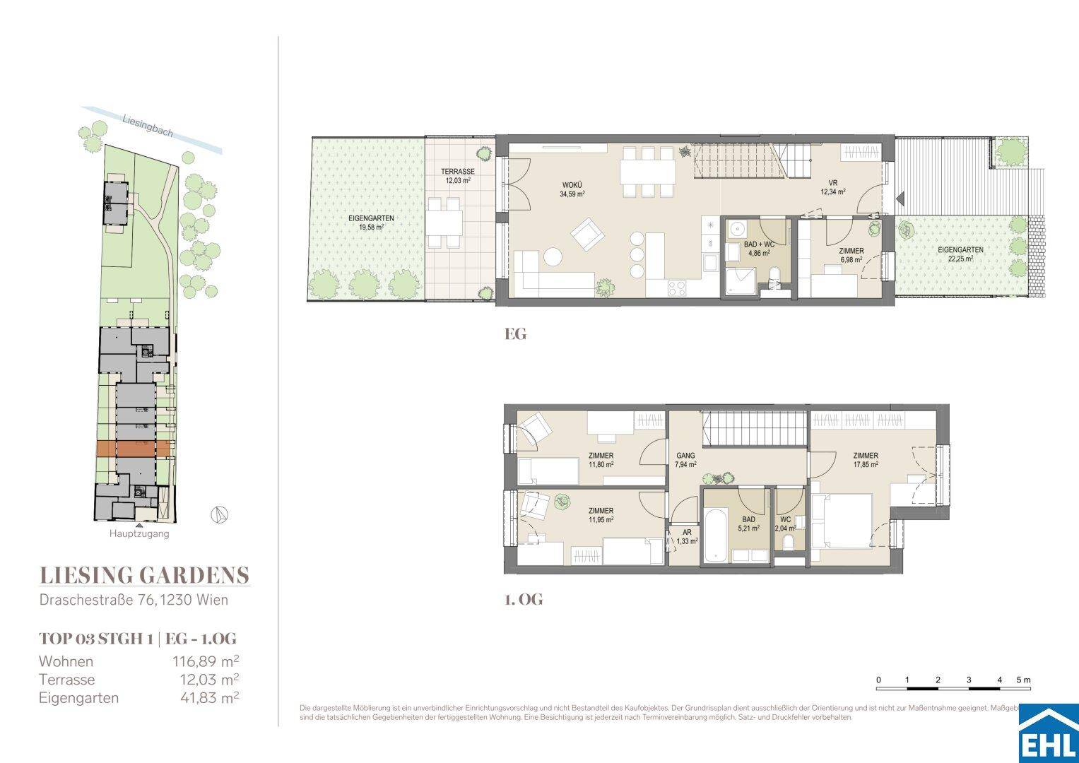 Grundrissplan eines Reihenhauses über zwei Etagen mit offenem Wohnbereich, Terrasse und Garten.