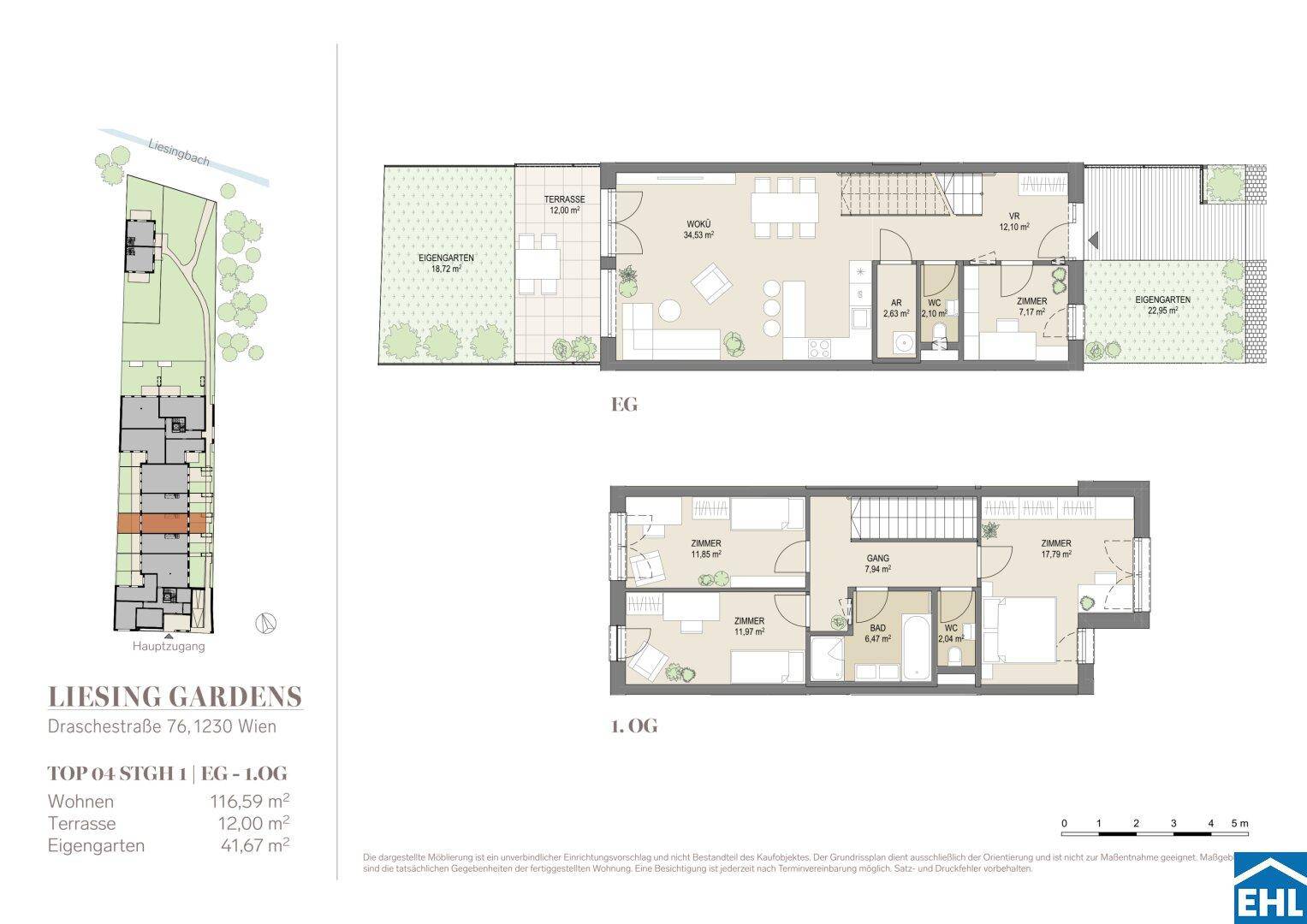 Grundrissplan einer Maisonette-Wohnung über zwei Ebenen mit Terrasse, Garten und Balkon.