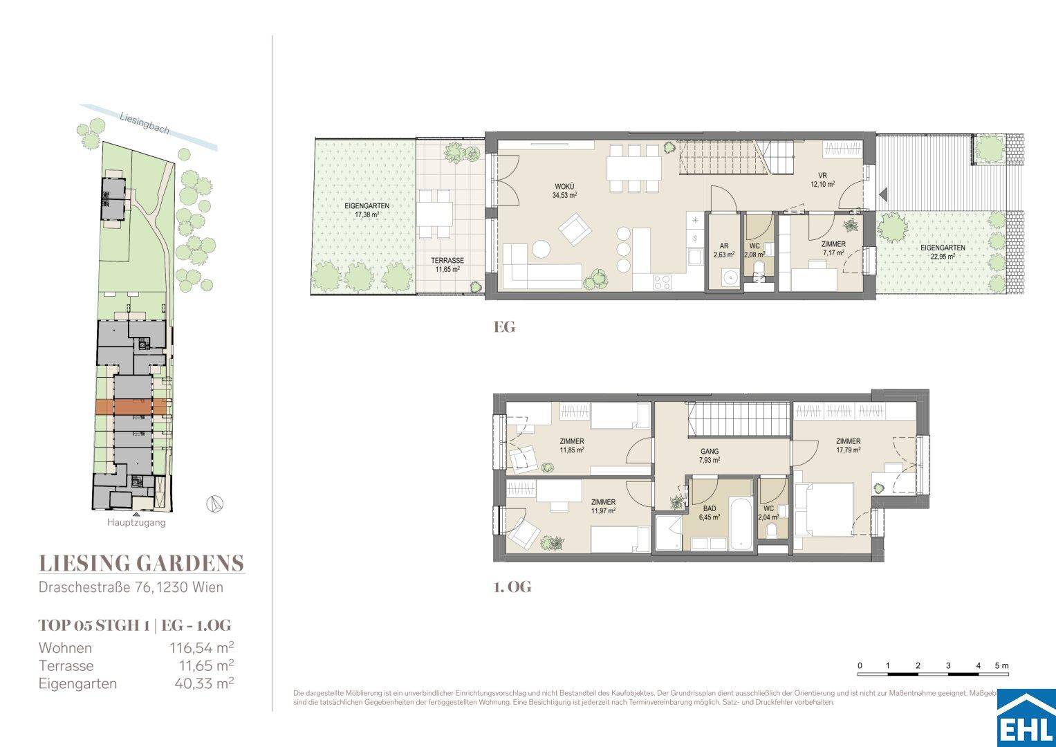 Grundrissplan eines Reihenhauses über zwei Etagen mit offenem Wohnbereich, Terrasse und privatem Garten.