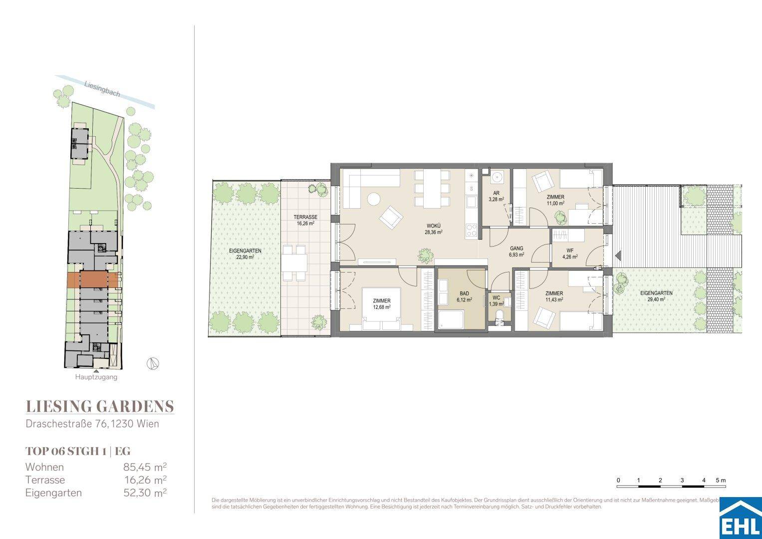 Grundriss einer Wohnung mit offenem Wohn-Essbereich, drei Schlafzimmern, zwei Bädern, Terrasse und privatem Garten.
