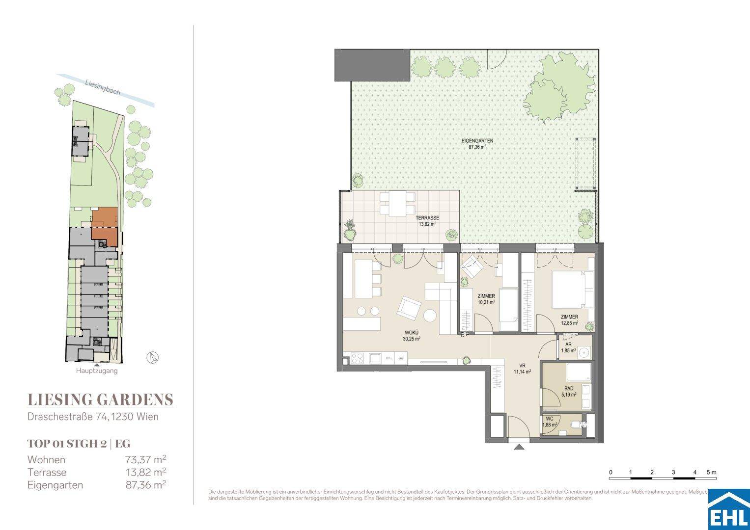 Grundriss einer Erdgeschosswohnung mit offenem Wohnbereich, zwei Schlafzimmern, Terrasse und eigenem Garten.