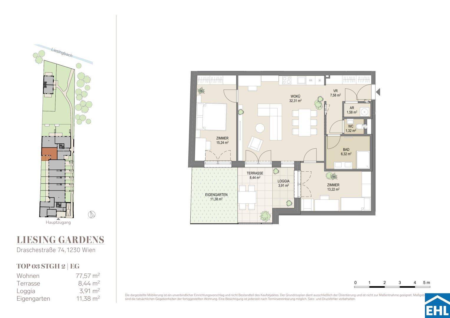 Grundriss einer Erdgeschosswohnung mit offenem Wohn-Essbereich, zwei Schlafzimmern, Bad, separatem WC, Terrasse, Loggia und eigenem Garten.