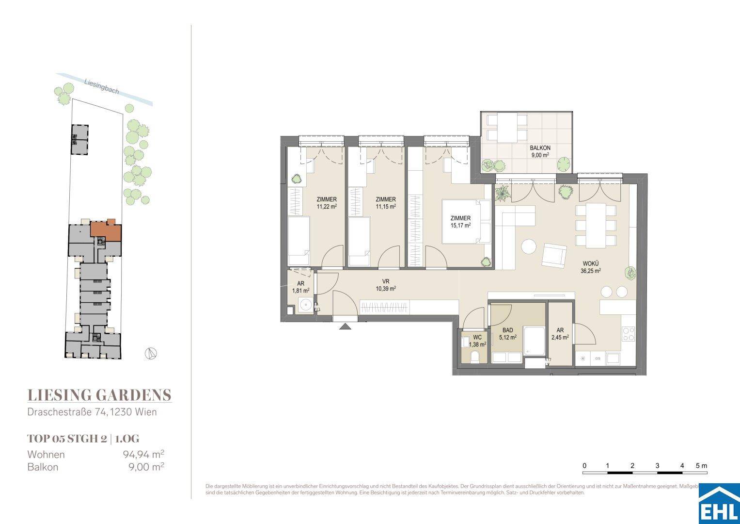 Dieser Grundriss zeigt eine moderne Wohnung mit drei Schlafzimmern, einem offenen Wohnbereich und einem Balkon.
