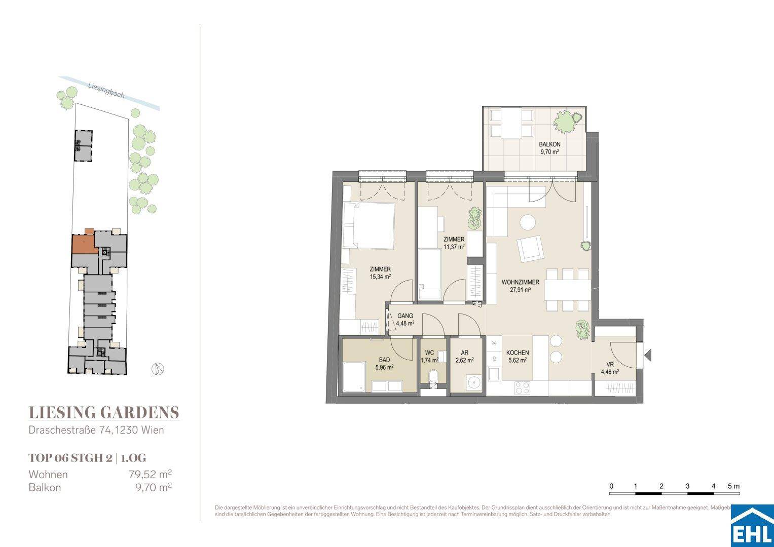 Grundriss einer Dreizimmerwohnung mit offenem Wohnbereich, zwei Schlafzimmern, Bad, separatem WC und Balkon.