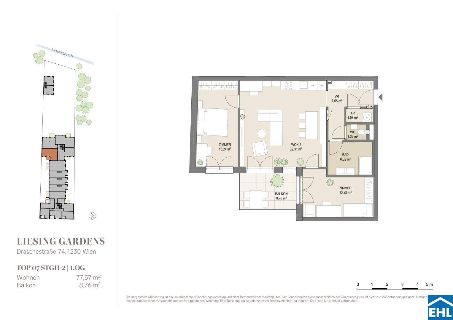 Grundriss einer modernen Wohnung mit offenem Wohn-Essbereich, zwei Schlafzimmern und Balkon.