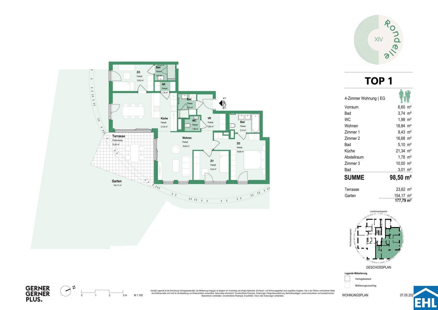 Grundriss der Wohnung Top 1 mit Terrasse und Garten, zeigt die Raumaufteilung.