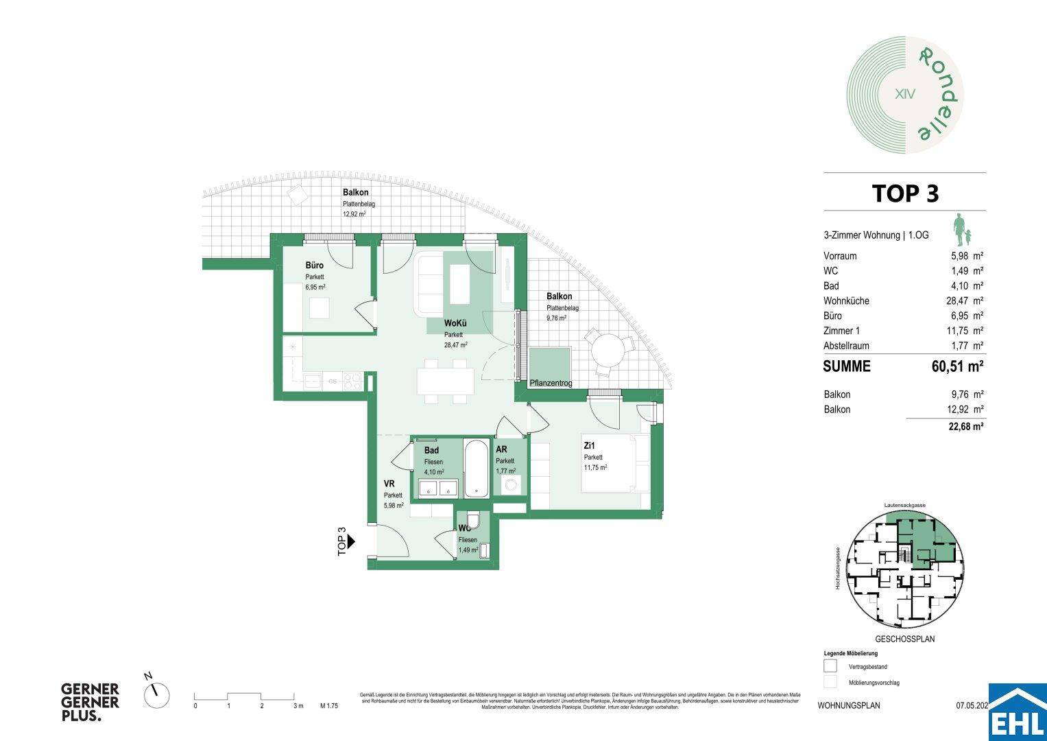 Grundriss der 3-Zimmer-Wohnung TOP 3 mit zwei Balkonen und effizienter Raumaufteilung.