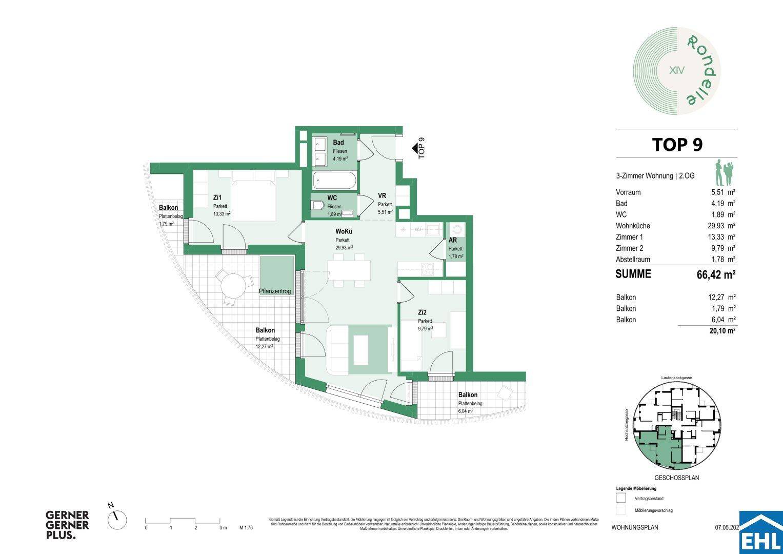 Grundriss einer 3-Zimmer-Wohnung mit offenem Wohnbereich und mehreren Balkonen.
