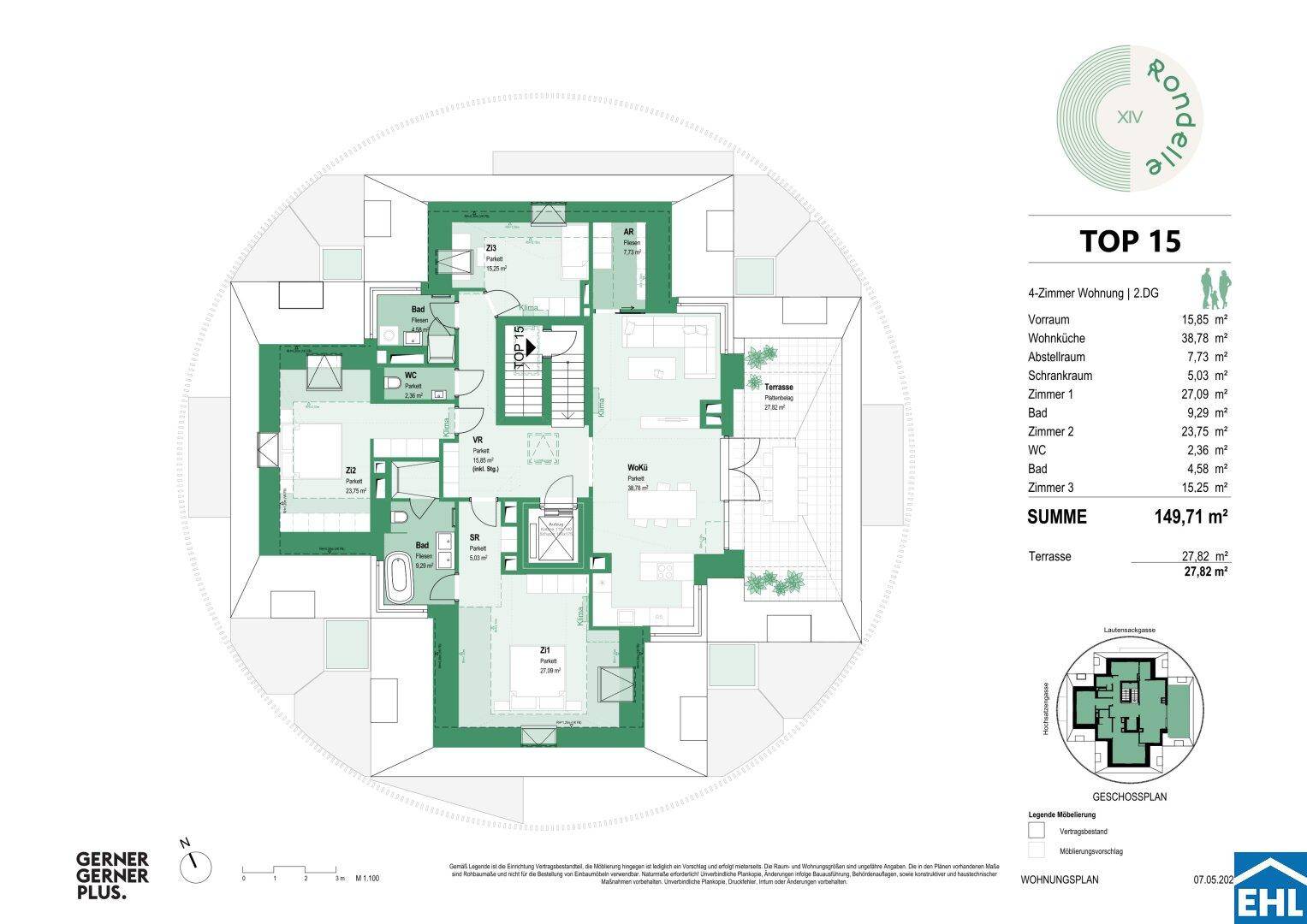 Detaillierter Grundriss einer 4-Zimmer-Wohnung mit Terrasse und klarer Raumaufteilung.