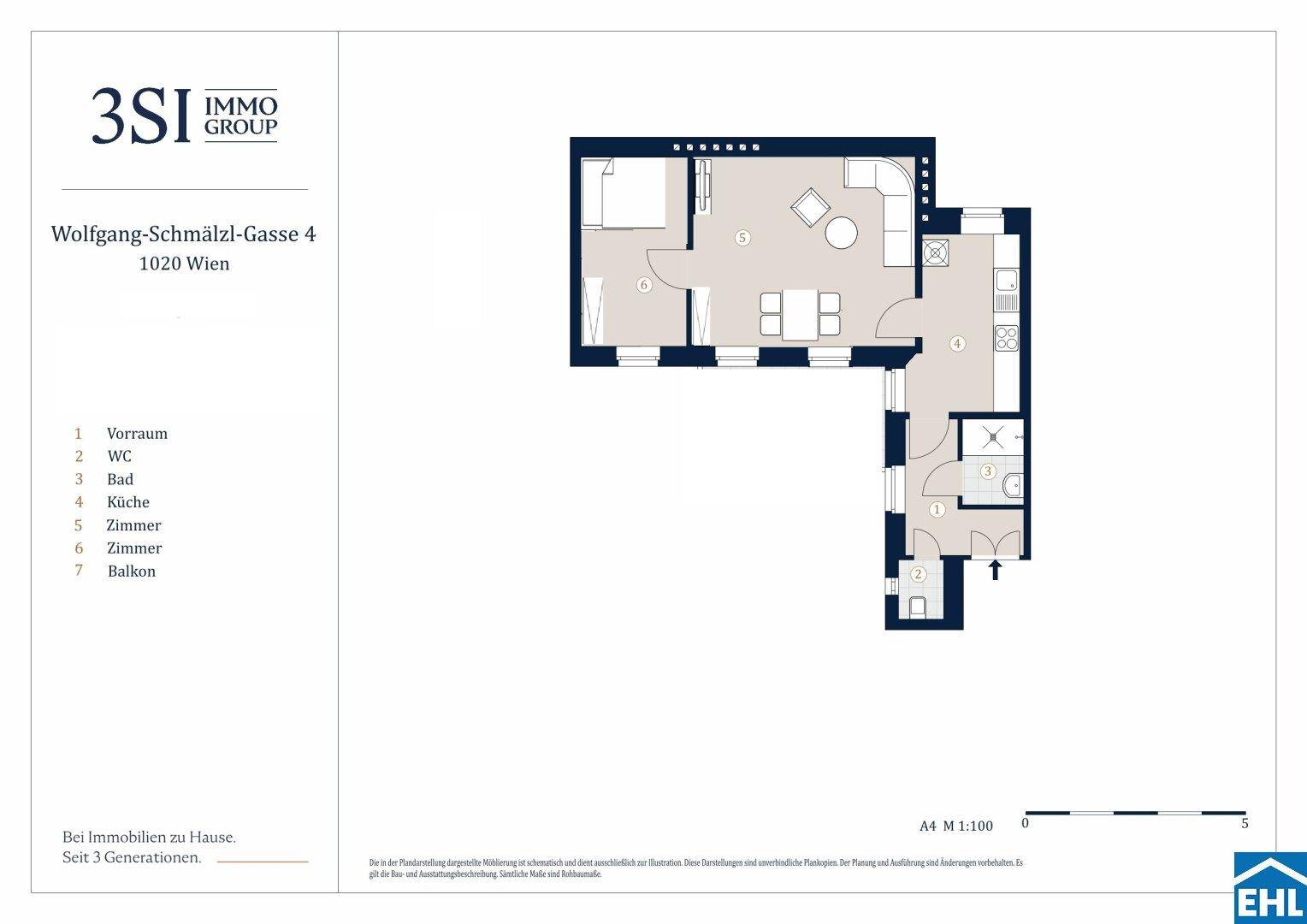 Detaillierter Grundriss einer Wohnung mit mehreren Zimmern und Balkon.