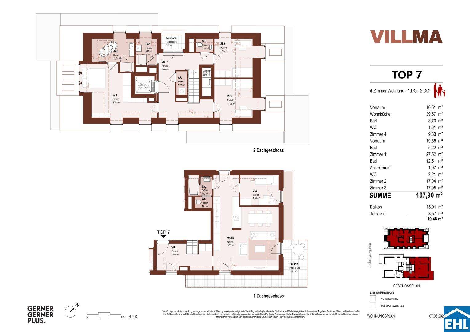 Grundriss einer 4-Zimmer-Wohnung über zwei Dachgeschosse mit Balkon und Terrasse.