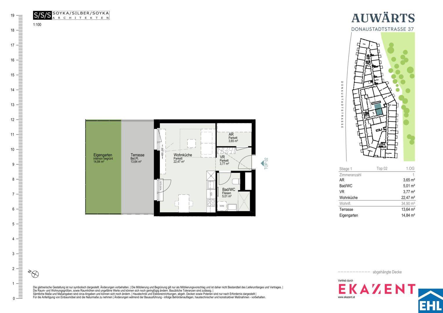Grundriss einer Wohnung mit Wohnküche, Bad/WC, Terrasse und Eigengarten.