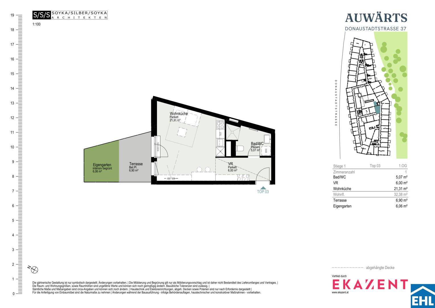 Grundriss einer Wohnung mit Wohnküche, Bad, Terrasse und eigenem Gartenbereich.