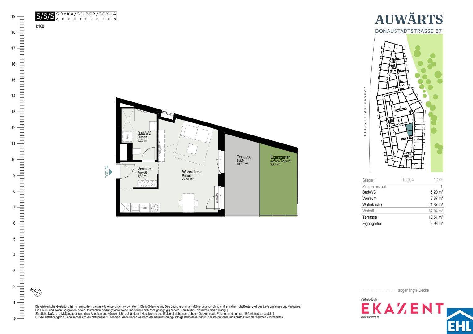 Grundriss einer Wohnung mit Terrasse, Eigengarten, Bad/WC und Wohnküche.