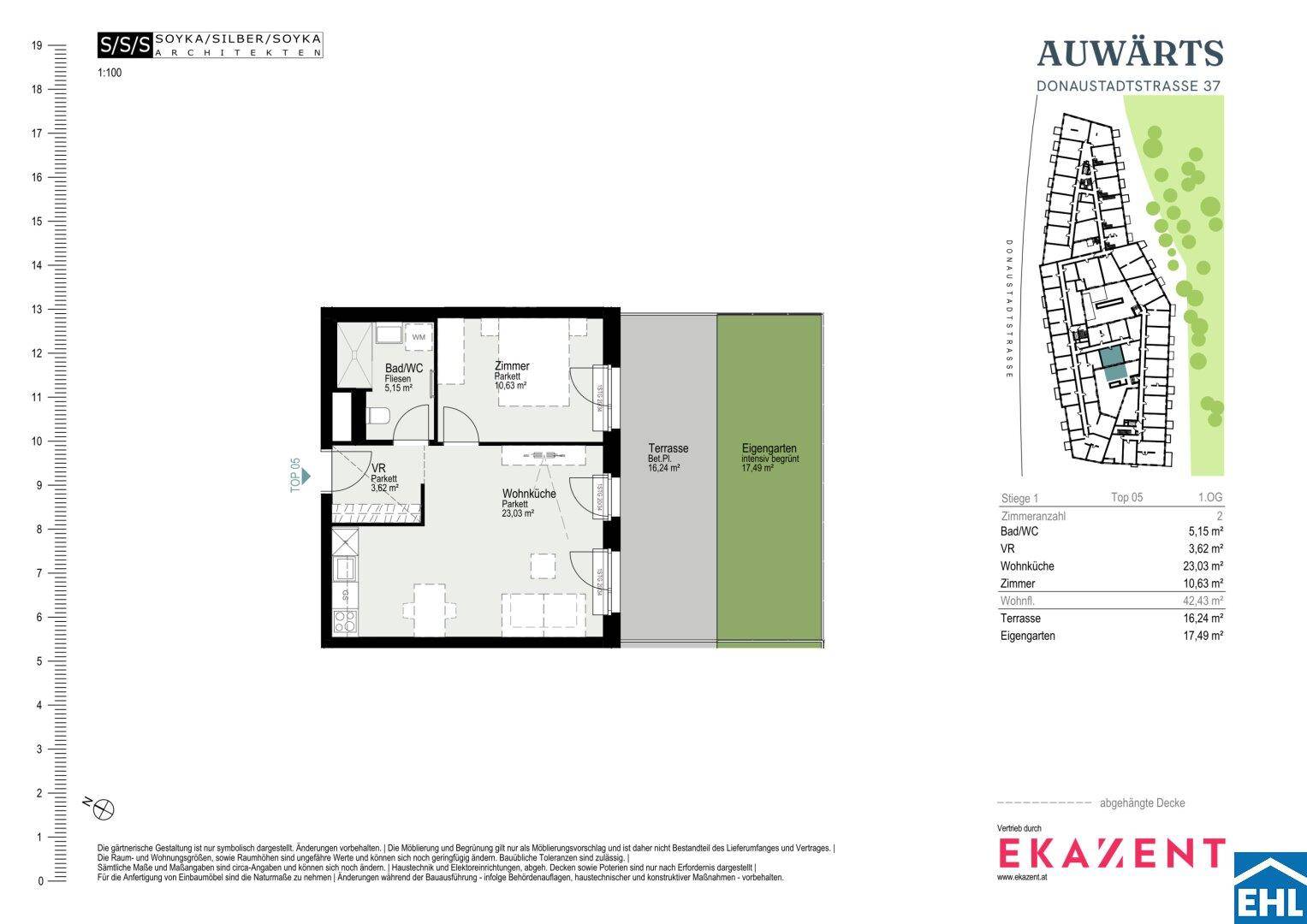 Grundriss einer Wohnung mit offenem Wohn-Küchenbereich, Schlafzimmer, Bad, Terrasse und Garten.