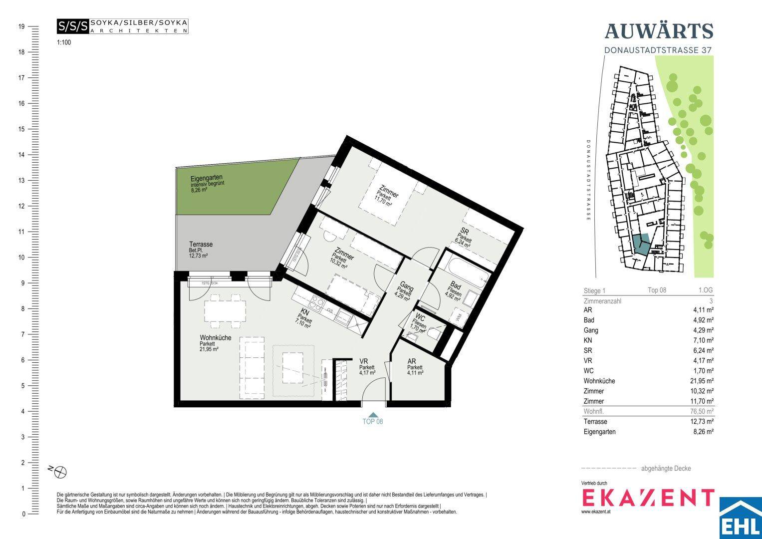 Grundriss einer Wohnung mit Terrasse und eigenem Gartenbereich.