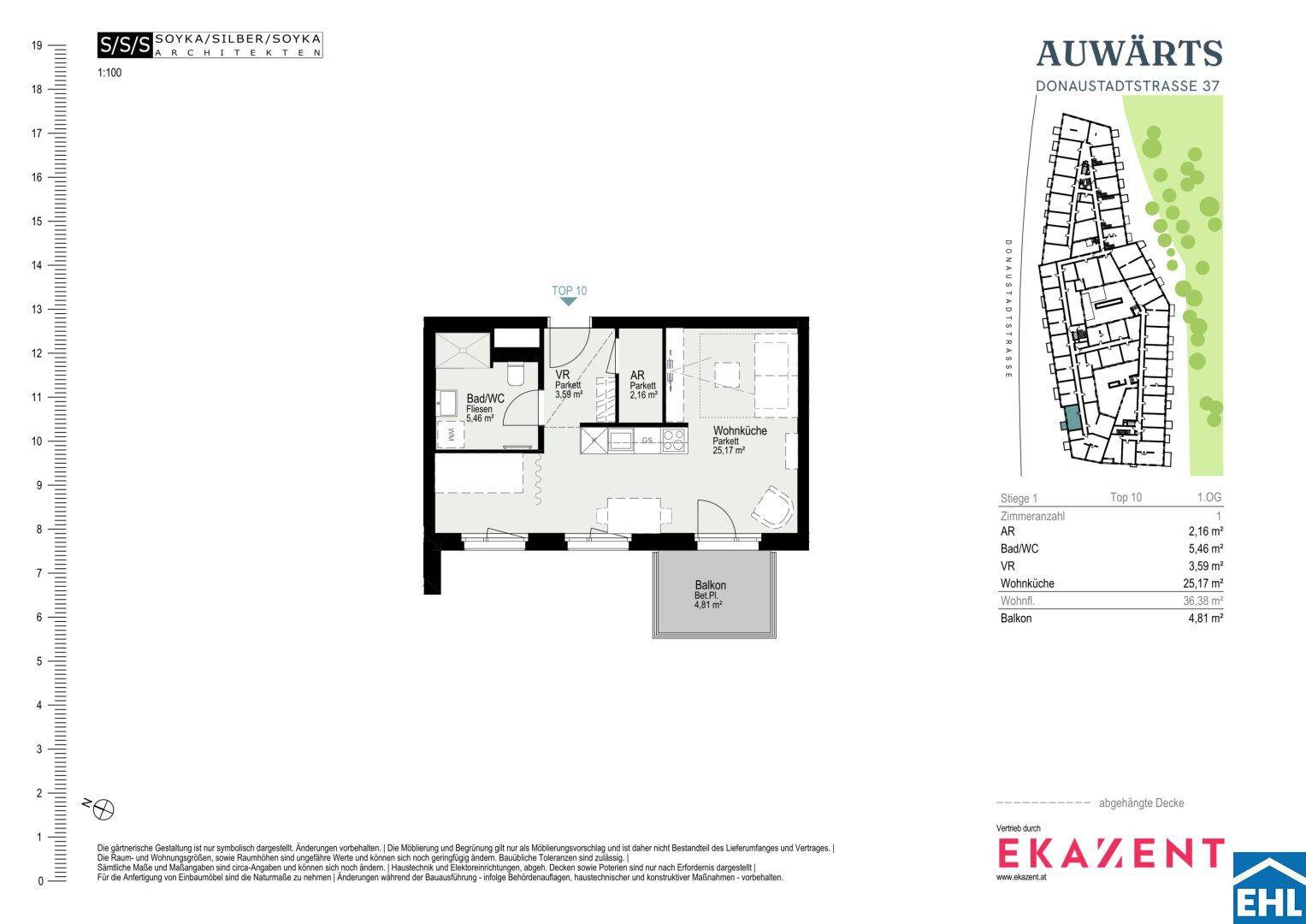 Grundriss einer Wohnung mit Wohnküche, Bad, WC und Balkon.