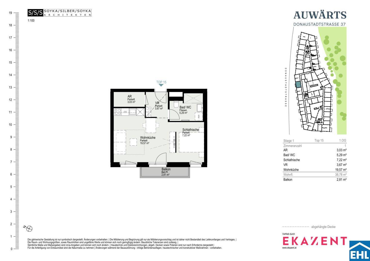 Grundriss einer Wohnung mit Wohnküche, Schlafzimmer, Abstellraum und Balkon.
