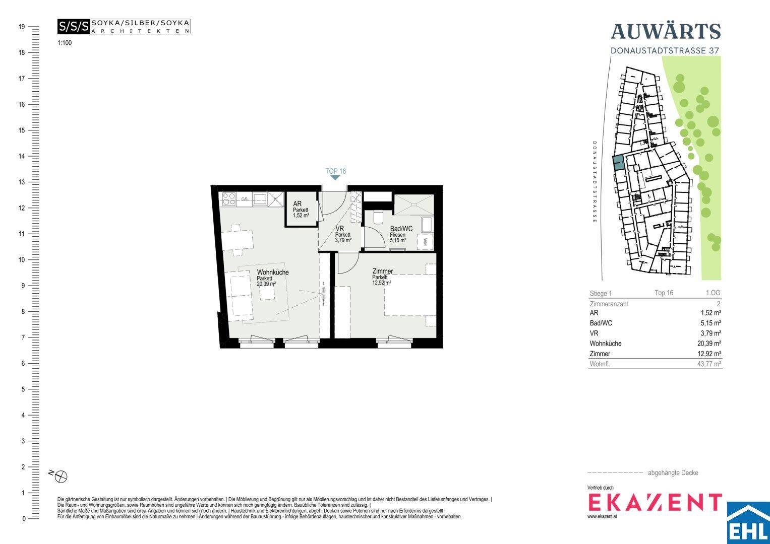 Grundriss einer Wohnung mit Wohnküche, Schlafzimmer und Bad auf 42,71 m².