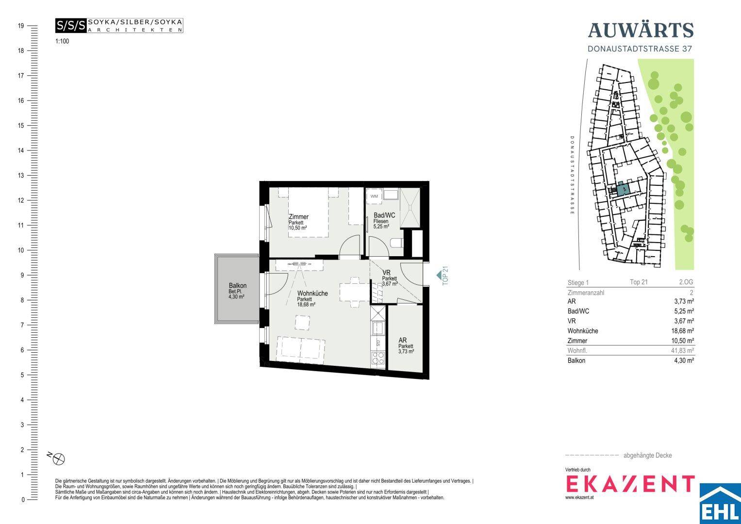 Grundriss einer Wohnung mit Balkon, einem Zimmer, Wohnküche und Bad/WC.