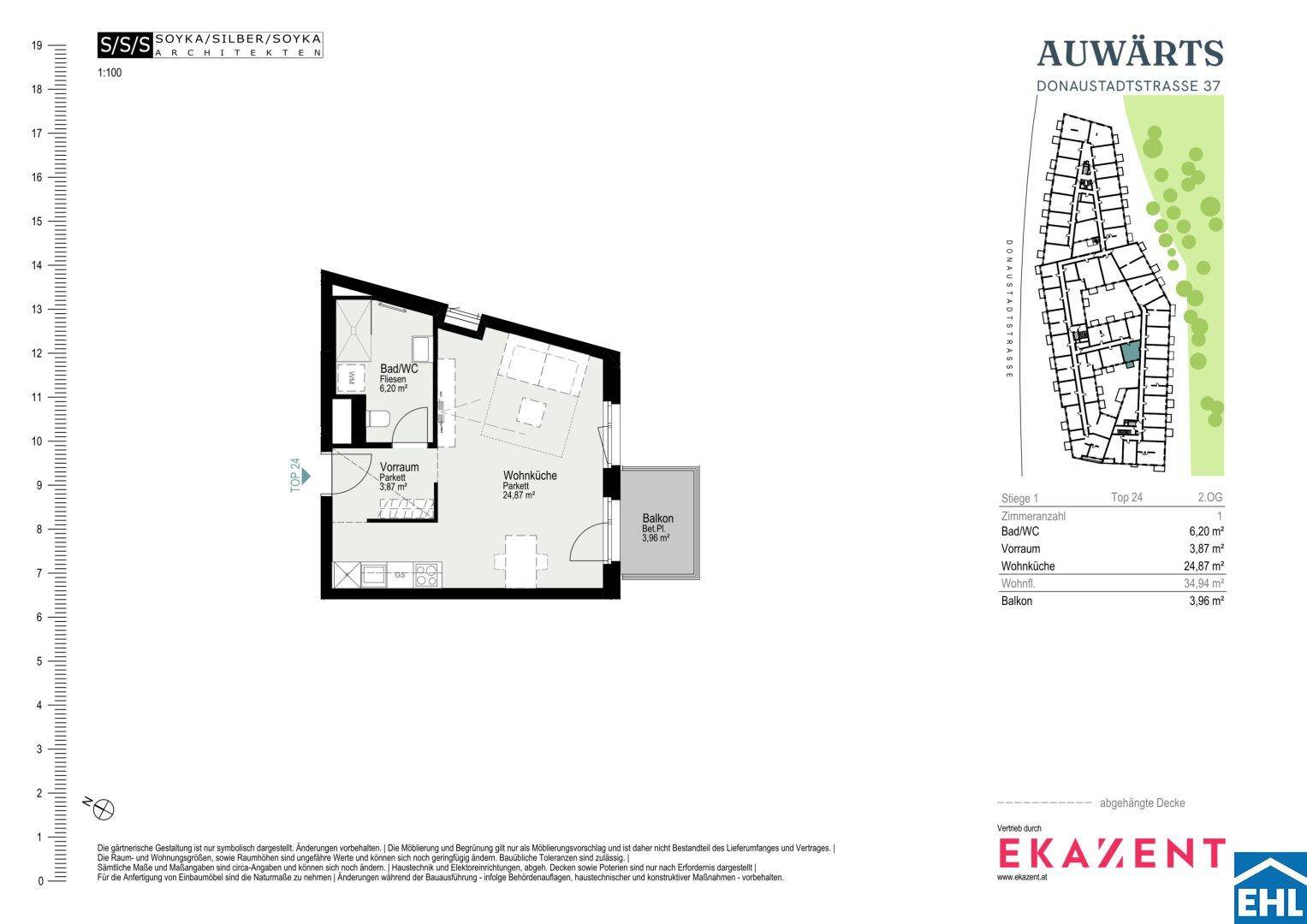 Detaillierter Grundriss einer Wohnung mit Bad, WC, Vorraum, Wohnküche und Balkon.