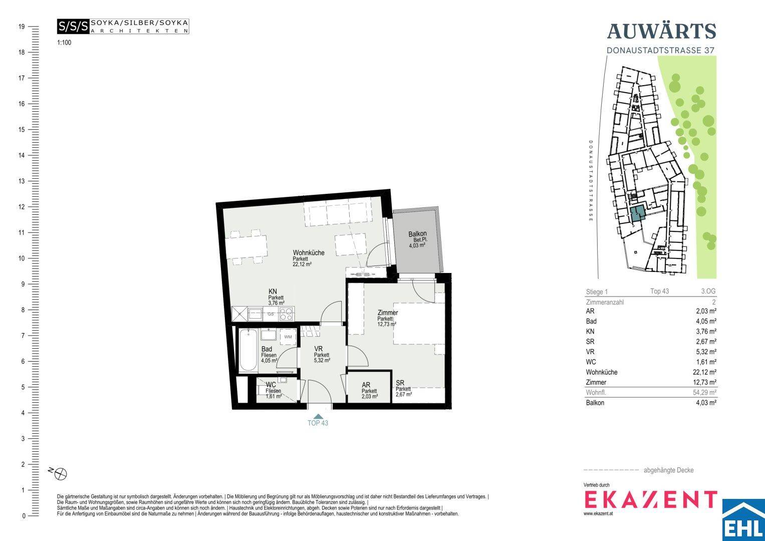 Grundriss einer Wohnung mit Wohnküche, Schlafzimmer, Bad, WC und Balkon.