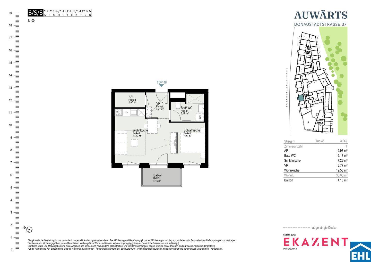 Detaillierter Grundriss einer Wohnung mit Balkon und separatem WC.