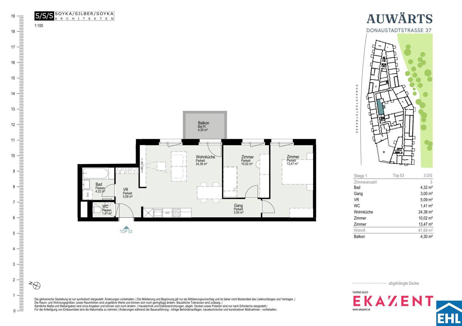 Grundriss einer Wohnung mit Wohnküche, zwei Zimmern, Bad, WC und Balkon.