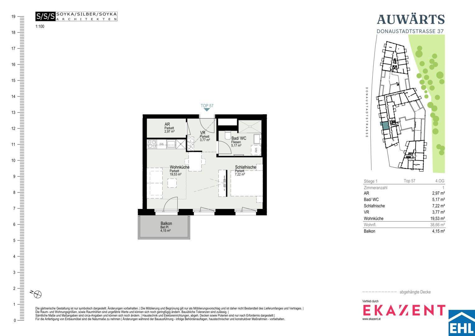 Grundriss einer Wohnung mit Balkon, Schlafzimmer, Bad und offener Wohnküche.